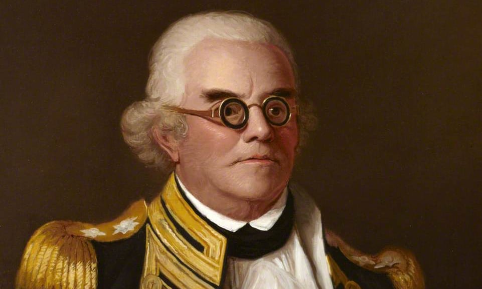 A painting of Rear Admiral Peter Rainier, in uniform with epaulets and wearing thick eyeglasses.