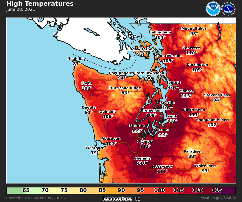 NOAA high temperature map from June 28, 2021 showing extremely high temperatures, including 107 degrees in Seattle, 104 degrees in Bellingham, 112 degrees in Olympia and 113 degrees in North Bend.