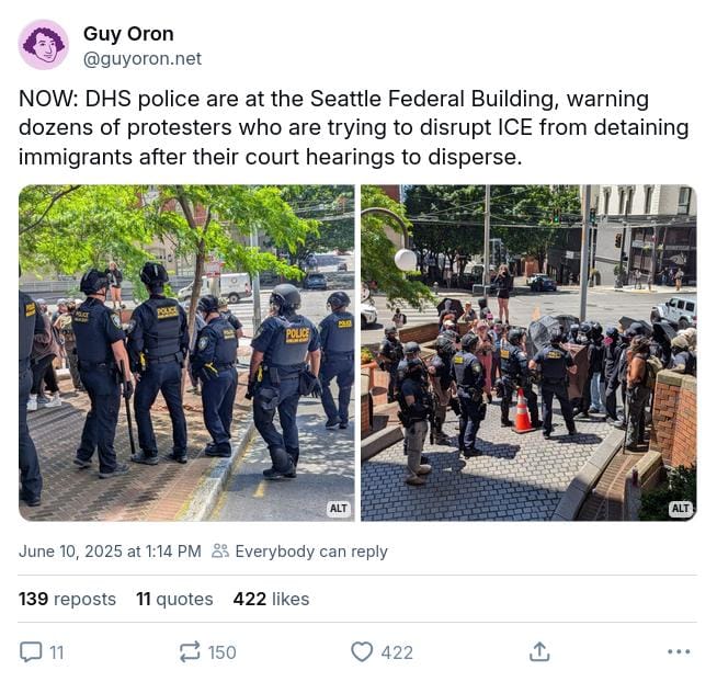 A screenshot from Guy Oron's Bluesky post about protesters outside the federal building in Seattle attempting to block ICE agents from detaining immigrants.