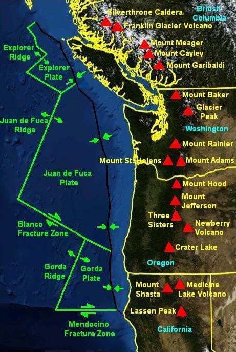A map showing the northwest coast of North America and the Juan de Fuca and Gorda plates beneath the Pacific Ocean.