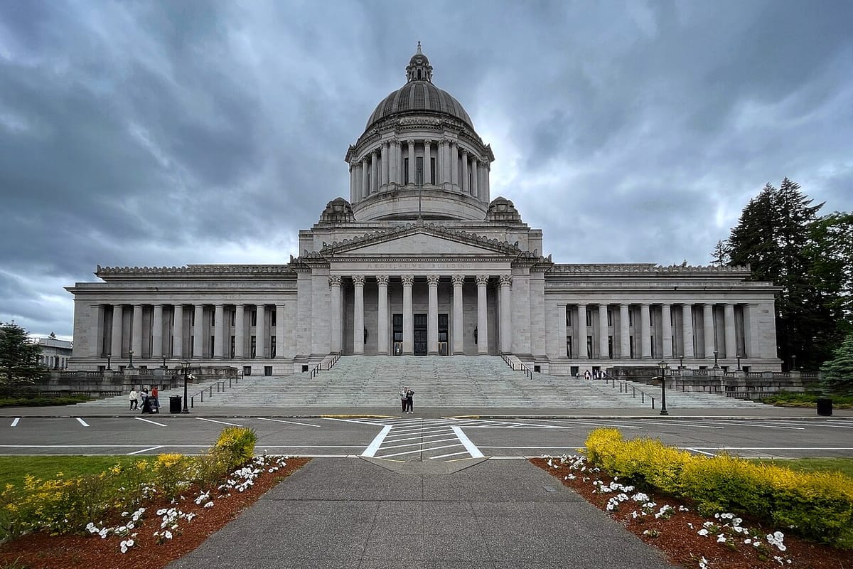 A view of the front of the Washington Legislative Building in Olympia.