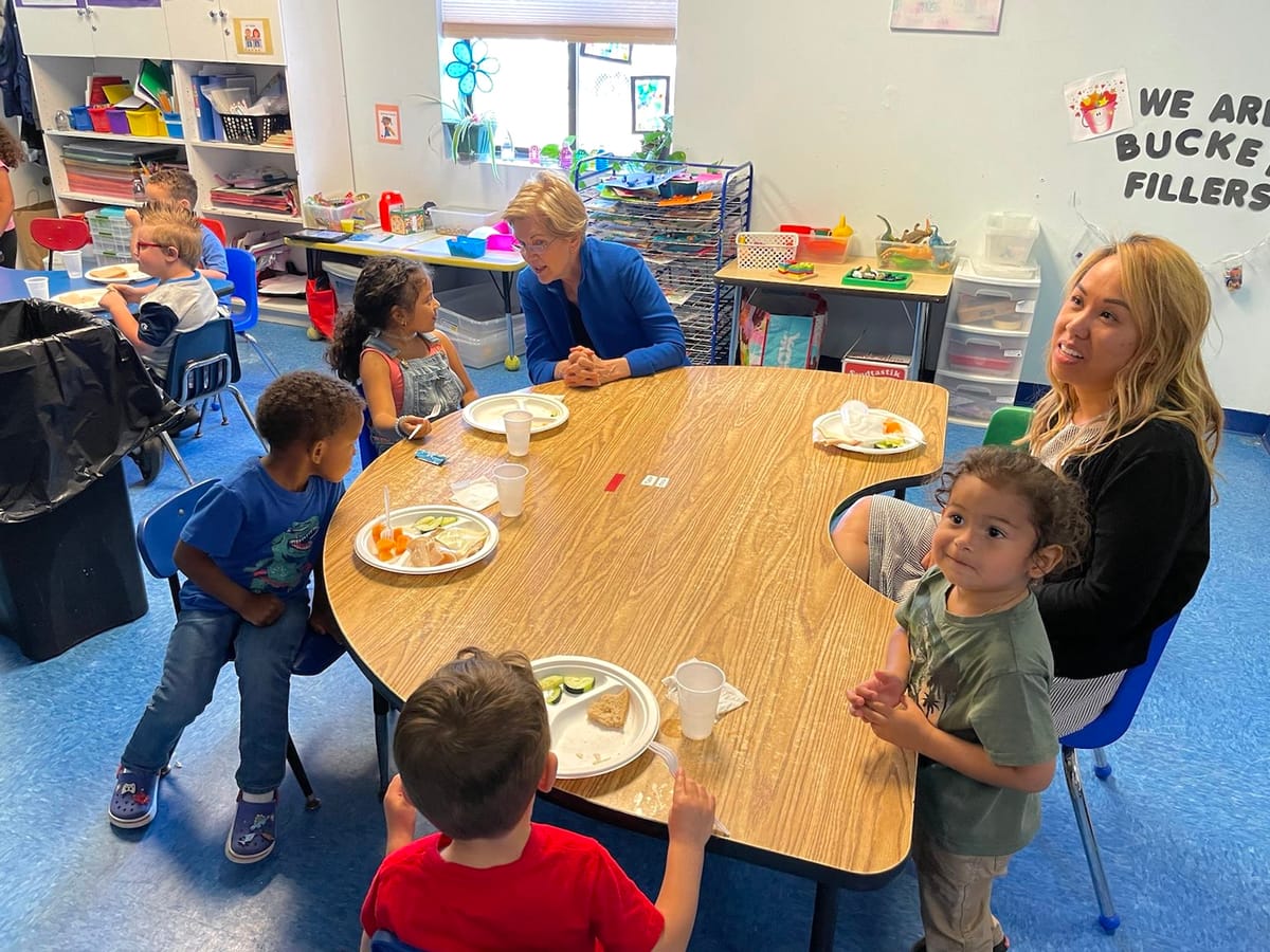 Sen Elizabeth Warren sits in on a Head Start preschool class.
