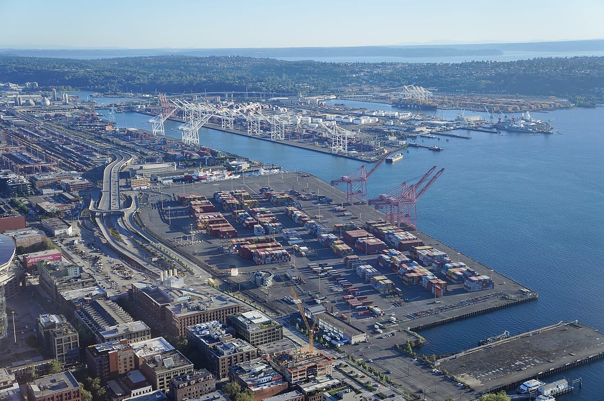 A view of the Port of Seattle and Pioneer Square from the top of the Columbia Tower.