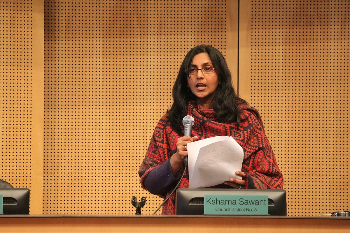 Kshama Sawant speaks from the podium of the Seattle City Council.
