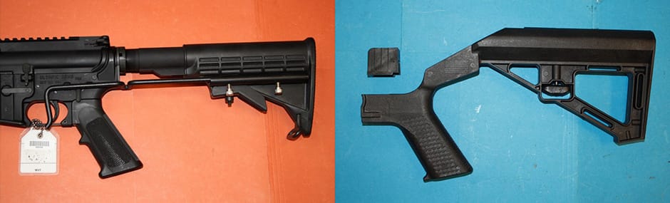 Two images of "bump stocks" that are added to the back of assault rifles behind the hand grip and trigger.
