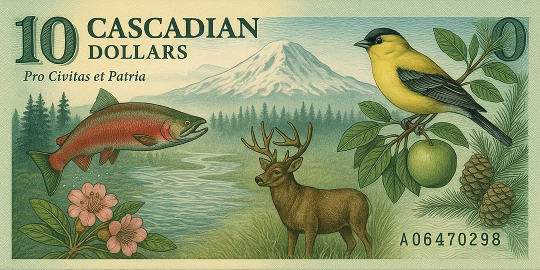 An imaginary, colorful 10 Cascadian Dollar bill with a salmon, deer, yellow goldfinch, Mount Rainier, apple, Douglas fir and the motto Pro Civitas et Patria on the bill.