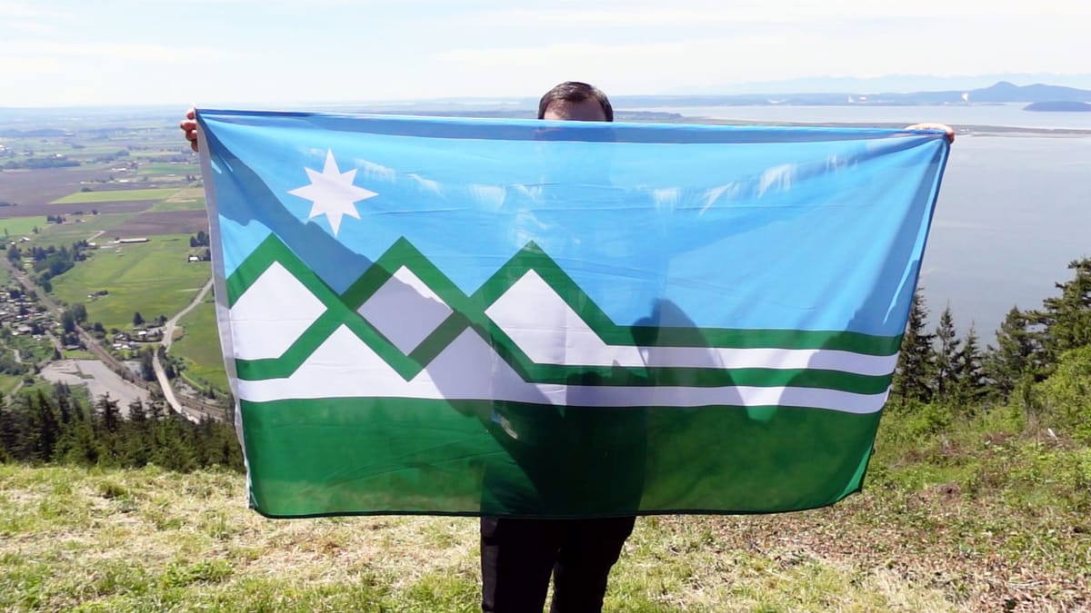 At the top of a hill, a person hold a proposal for a new Washington state flag, with light blue sky and white star-like sun, five triangles representing mountains