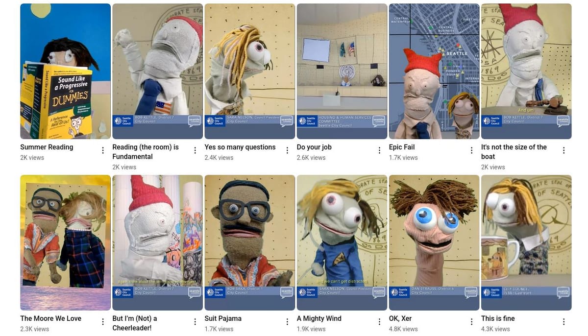 Various sock puppets satirize Seattle city council members Rob Saka, Sara Nelson, Bob Kettle and other.
