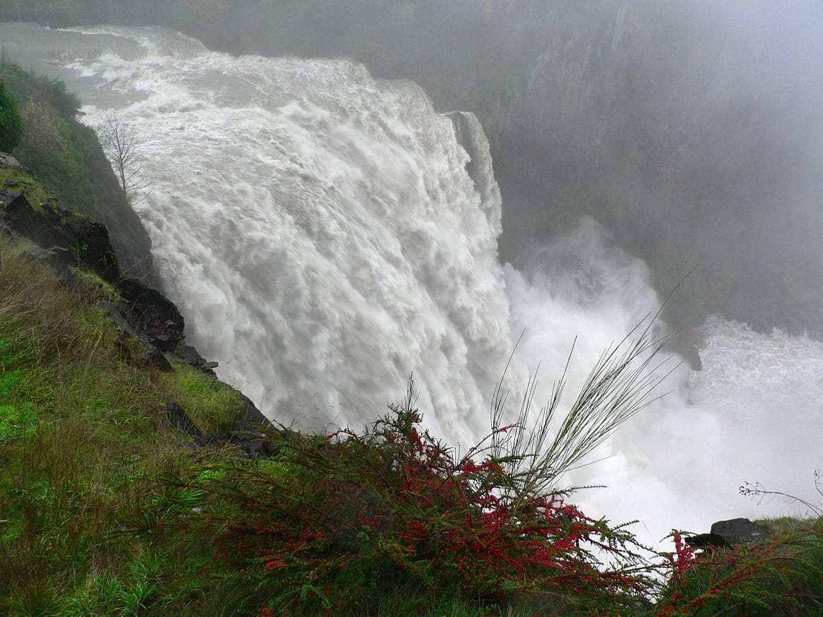 A massive wall of water coming down Snoqualmie Falls. 