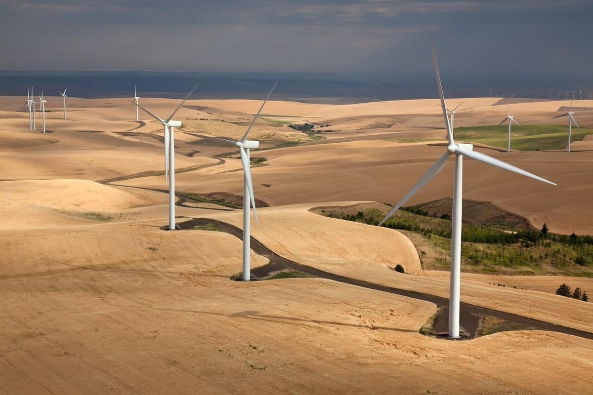 Wintd turbines set amid rolling wheat fields.