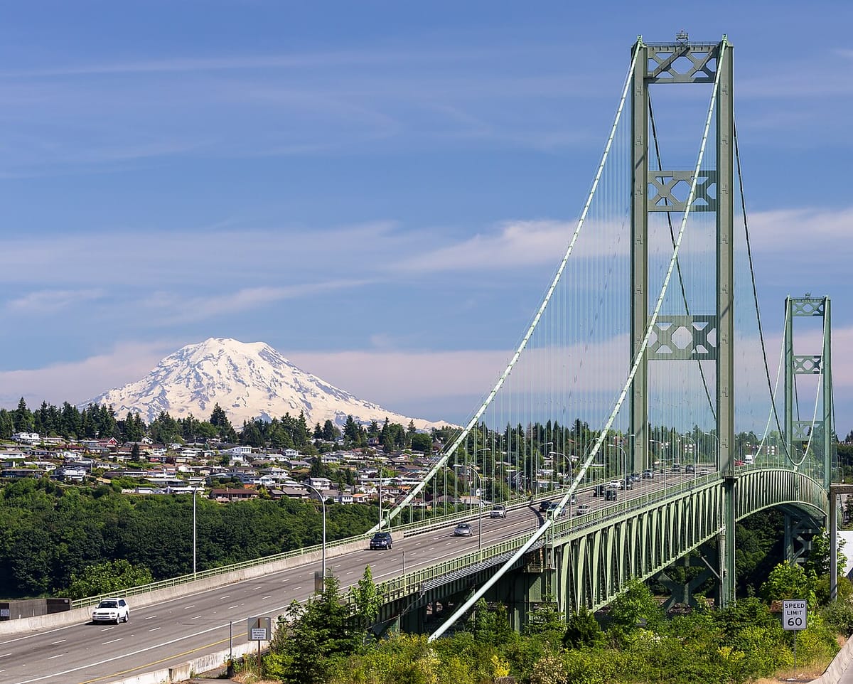 Houses on a hillside, and a large green canteliver auto bridge, with a snowy volcanic peak in the distance