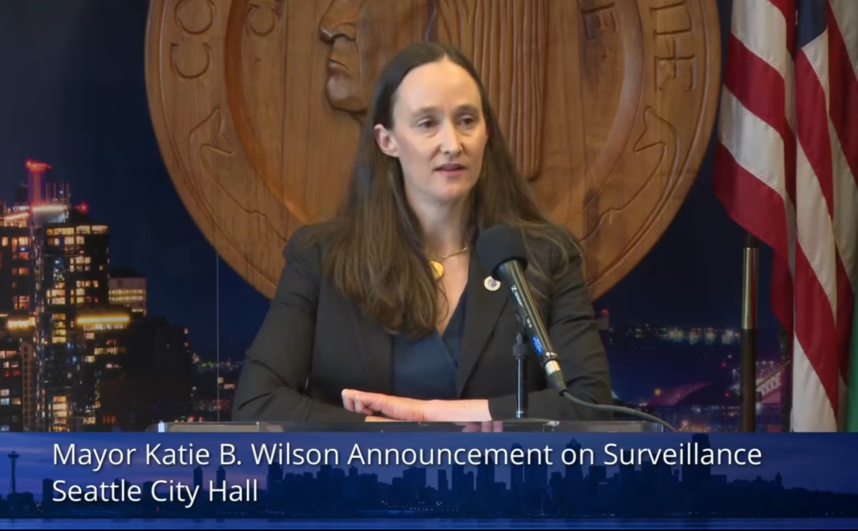 Seattle mayor Katie Wilson announced she's pausing new police surveillance cameras in the city. Screen shot of press conference video feed.
