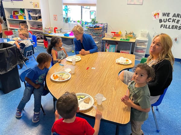 Sen Elizabeth Warren sits in on a Head Start preschool class.