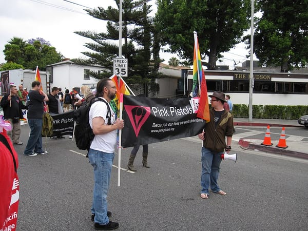 Marchers in a Pride parade carry rainbow flags and a banner for the organization Pink Pistols, with a tagline: Because our lives are worth defending.