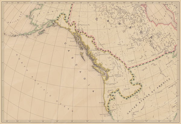 A monochrome map of the Northwest corner of North America, with an outlined border of the bioregion of Cascadia.