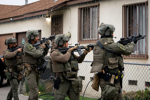 Four Immigration and Customs Enforcement agents, in full combat gear, point assault rifles at small home in Los Angeles.
