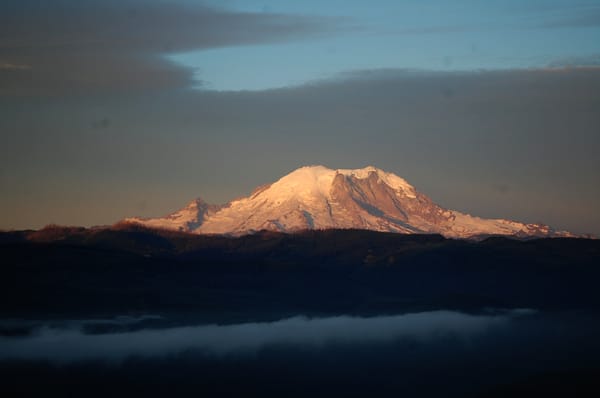 The glaciers of Tahoma, also known as Mount Rainier, glow in early morning light with foggy mountains in the foreground.