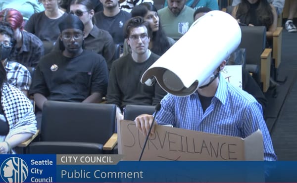 A person wearing a surveillance camera over their head and a sign that reads "surveillance" testifies before the Seattle City Council.
