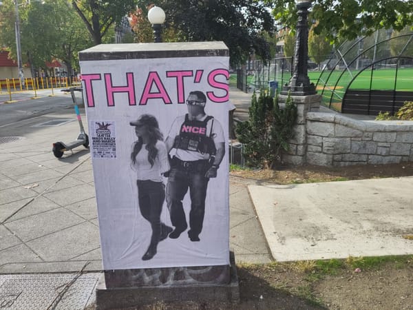 Street art at the entrance to a park showing an image of an officer with NICE emblazoned on his chest arresting Homeland Security secretary Kristi Noem.