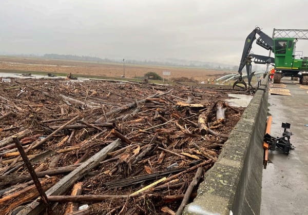 A crane attempts to remove logs from a massive jam of debris backed up against a highway bridge