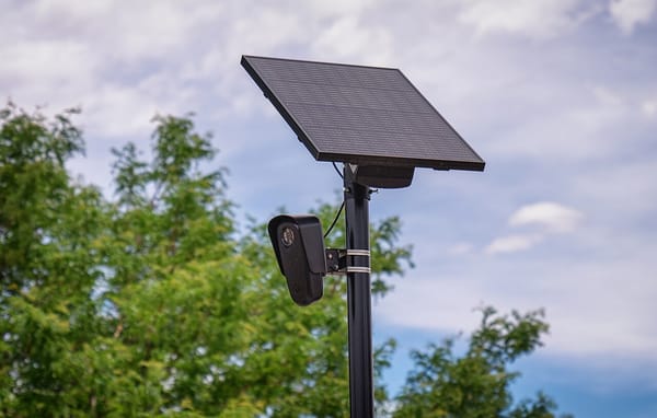 A Flock surveillance camera and solar panel in front of a tree.