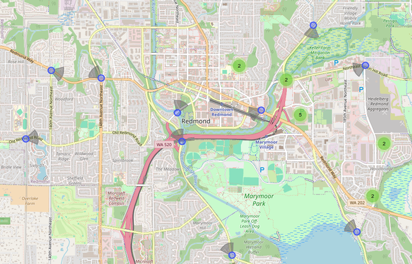 A map of Redmond Washington showing location of license plate reader cameras.