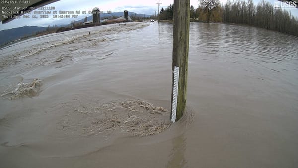 A remote camera view showing brown floodwaters, a rain gauge, and farm buildings in the background 