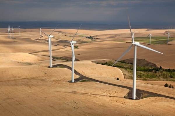 Wintd turbines set amid rolling wheat fields.