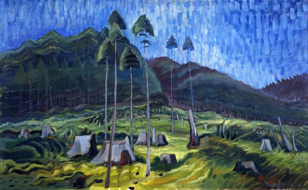 A brightly expressionist painting of green mountain, several solitary trees, and logged stumps.