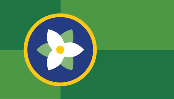 A flag with different shades of green rectangles, a blue circle bordered in yellow and a simple depiction of a trillium flower.