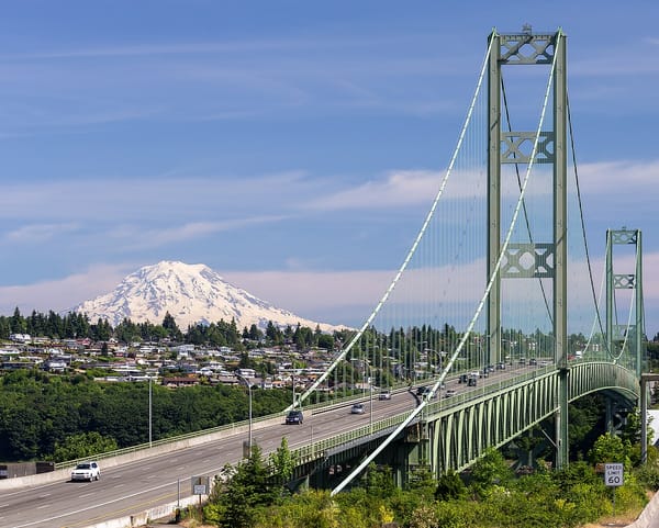 Houses on a hillside, and a large green canteliver auto bridge, with a snowy volcanic peak in the distance