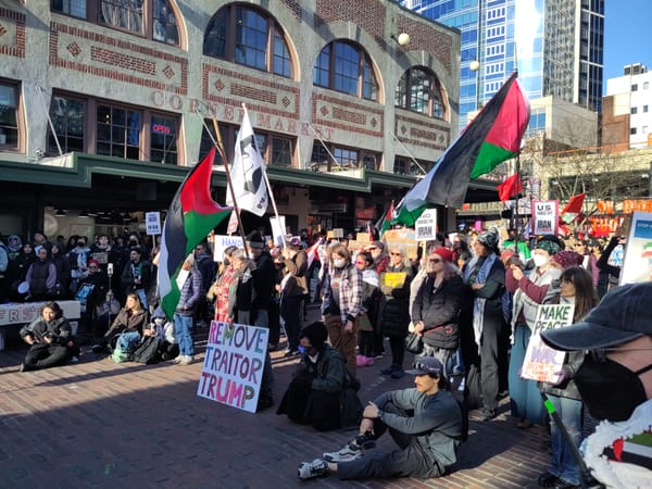 Protesters gather at Pike Place Market with Palestinian and Iranian flags and a sign that reads Remove Traitor Trump.